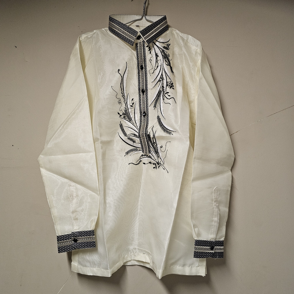 Cream Barong Tagalog Black Embroidery Formal Sheer Shirt Mens
